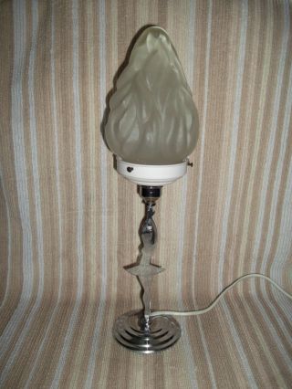 Art Deco Chromed Lady Table Lamp +flame Glass Lampshade - Wo photo