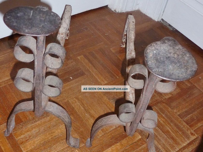 Antique Forged Iron Andirons 16 Inches Tall; 20 Inches Deep Hearth Ware photo