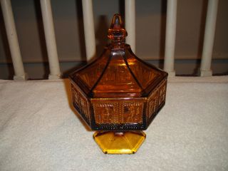 Vintage Amber Candy Dish W/etched Workers On Sides - Hexagon - Has Lid - Footed photo