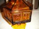 Vintage Amber Candy Dish W/etched Workers On Sides - Hexagon - Has Lid - Footed Compotes photo 1