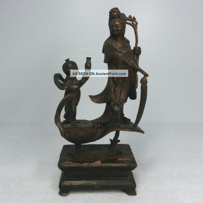 D463: Real Old Japanese Wood Carving Kannon With Child Statue W/fantastic Work Statues photo