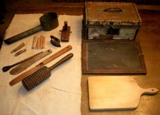 Antique 1700s - 1800s Primitives Hide Chest Kitchen Tools Chalk Board Etc Vafo photo