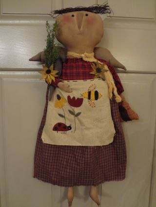 Primitive Folkart Vintage Grungy Lady Bug Bee Doll Crows And Sunflowers photo