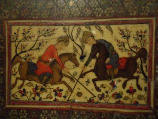 Antique 19th C Persian Wood Inlay Jewelry Box Paintings Horses Qajar Islamic photo