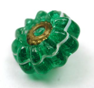 Antique Charmstring Glass Button Green Candy W/ Brass Ome Ring Mold Swirl Back photo