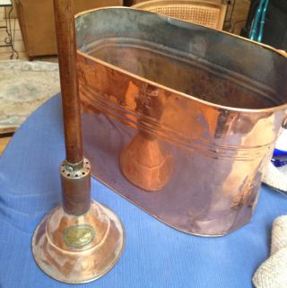 Antique Copper Kettle Laundry Boiler With Flood City Washing Plunger Must L@@k photo