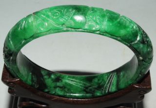 Ancient Chinese Green Jade Handwork Carved Embossment Pattern Jade Bracelet photo