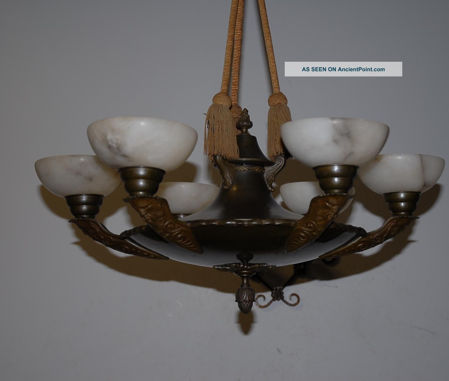 Art Deco Bronze/brass Figural 6 - Light Chandelier With Alabaster Shade Chandeliers, Fixtures, Sconces photo