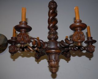 A Vintage Carved In Wood Double Open Barley Twist 6 - Light Chandelier photo