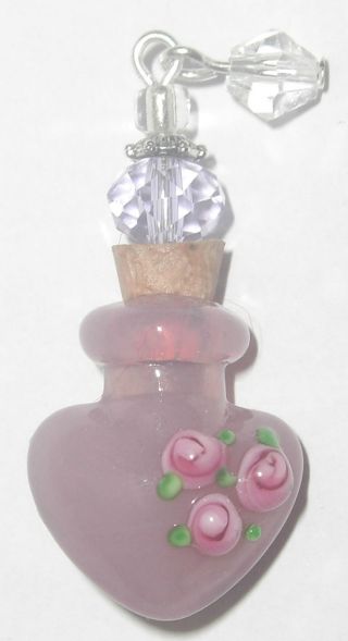 Vintage Rose Orchid Heart Oil/perfume Bottle Vial Murano Art Deco Glass Cz Bead photo