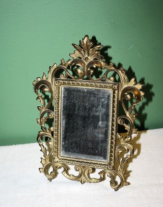 Antique Ornate Metal Brass Colored Marked Frame & Mirror photo