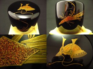 Japanese Traditional Lacquer Wooden Tea Caddy Samurai Helmet Makie Chu - Natsume photo