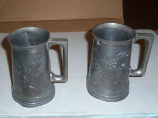 2 Antique Asian Pewter Tankard Steins With Engraved Dragons - photo