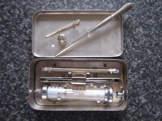 Vintage Everett Chrome/glass Syringe In Case + Arnolds Blood Test Kit 1930 ' S Uk photo