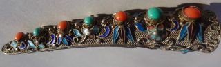 Antique Jade,  Coral Chinese Finger Guard Pin Brooch Enamel Cloisonne Silver Gilt photo