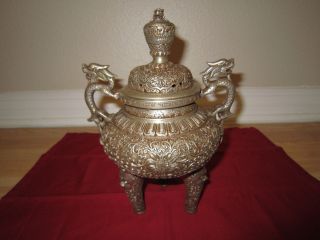Vintage Chinese Metal Hand Carved Eternal Dragon Incense Burners With Lid photo