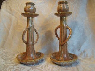 Pair Arts And Crafts Belgium Pottery Candlesticks 12ins photo