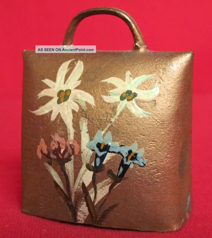 Antique Steel Cow Bell Painted Flowers Gold Gilt Laute Brunner 25 Yqz Metalware photo