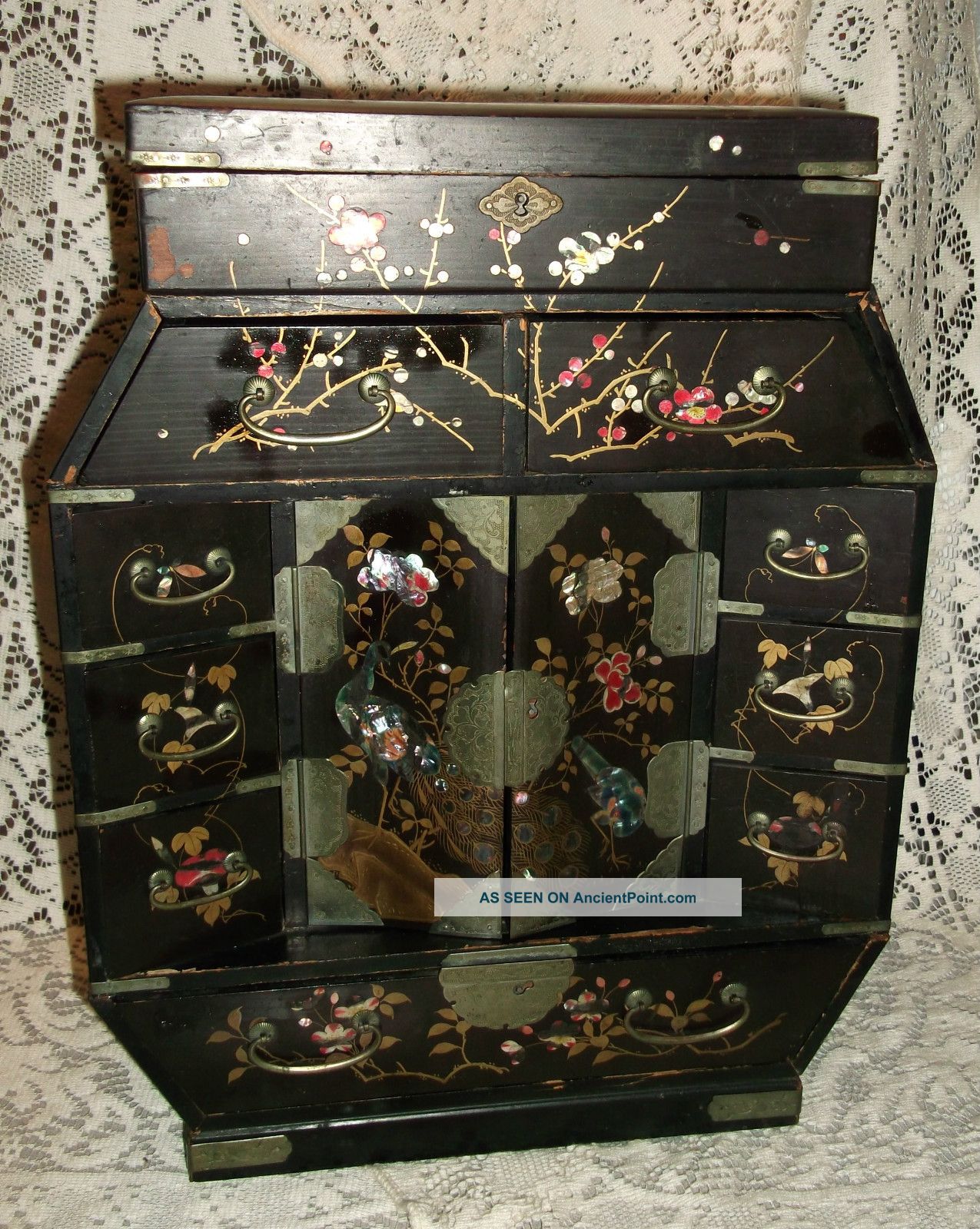 Art Deco Nouveau 1920s Asian Mop Inlay Hand Painted Jewelry Box Cabinet Armoire Boxes photo