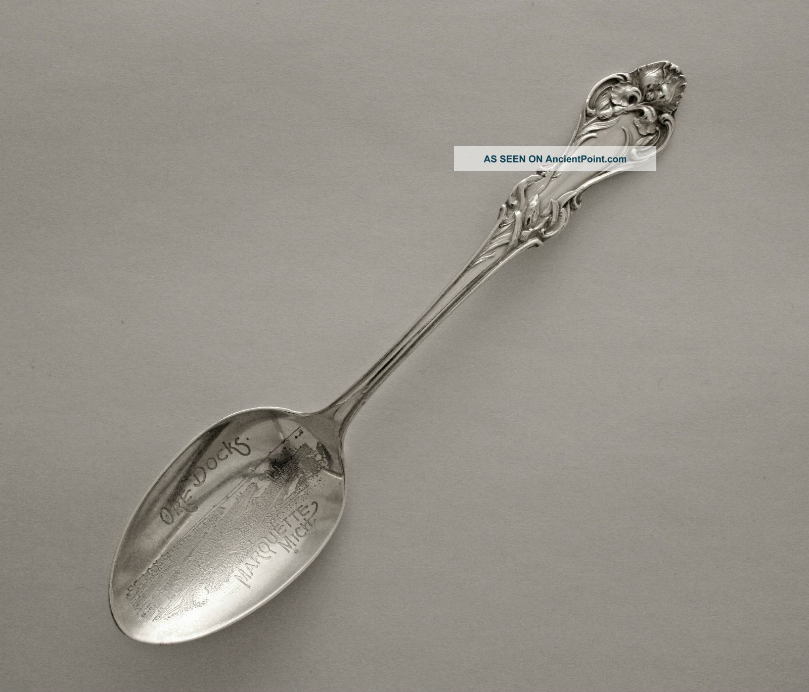 Marquette Michigan Ore Docks Sterling Souvenir Spoon Shepard Iris Souvenir Spoons photo