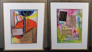 2 Signed Vintage Modernist Cugini Abstract Paintings W/ Silk Mattes Nr photo