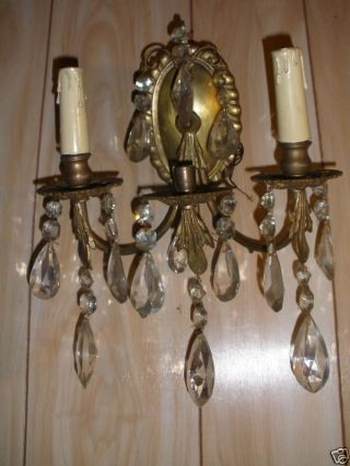 Antique Victorian Fixture Brass Lights Crystal Drops photo