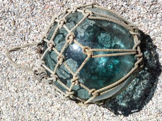 Large Blue/ Green Glass Japanese Fishing Float In 32cm photo