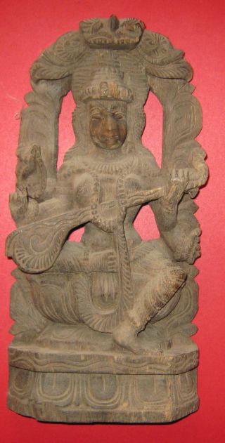19c Antique South India Goddess Lakshmi Wood Statue photo