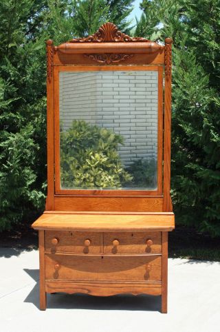 Victorian Solid Oak Low Dresser W Large Beveled Mirror W Rolling Pin Top C1900 photo