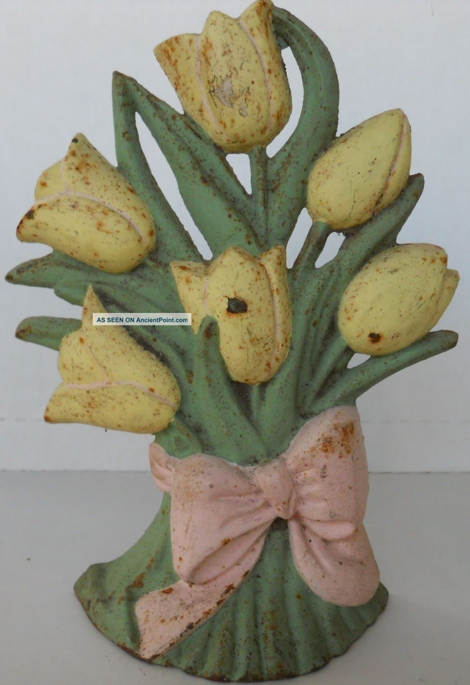 Antique Authentic Cast Iron Flower Basket Doorstop,  Door Stop,  Paint Metalware photo