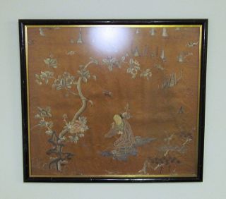 Large Framed Old Chinese Silk Textile Embroidery With Scene Of Figure photo