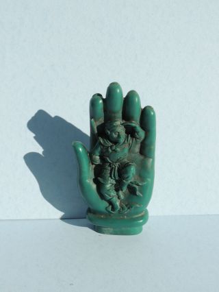 Antique Carved Ceramic Hand W/ Mokey Guy photo