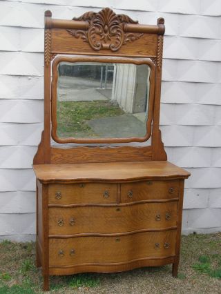 Late 19th C Antique Quartersawn Oak American Carved Dresser Chest Drawers Mirror photo