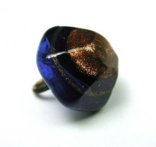 Antique Charmstring Paperweight Glass Button Gold Sparkle & Cobalt Swirl Back photo