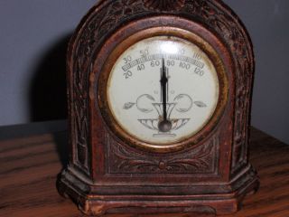 Antique Rare Wood Thermometer Working Cond With Carved Designs Flower photo