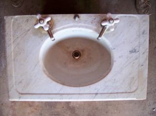 1800s Antique Victorian Marble Bathroom Vanity Sink & Faucets photo