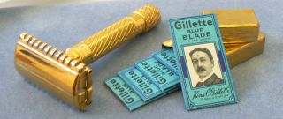 1934 Vintage Gold Gillette Aristocrat De Luxe Safety Razor Nos Blades photo