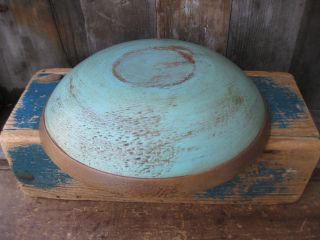 Lg Antique Dough Bowl W Rim Robins Egg Blue Paint photo