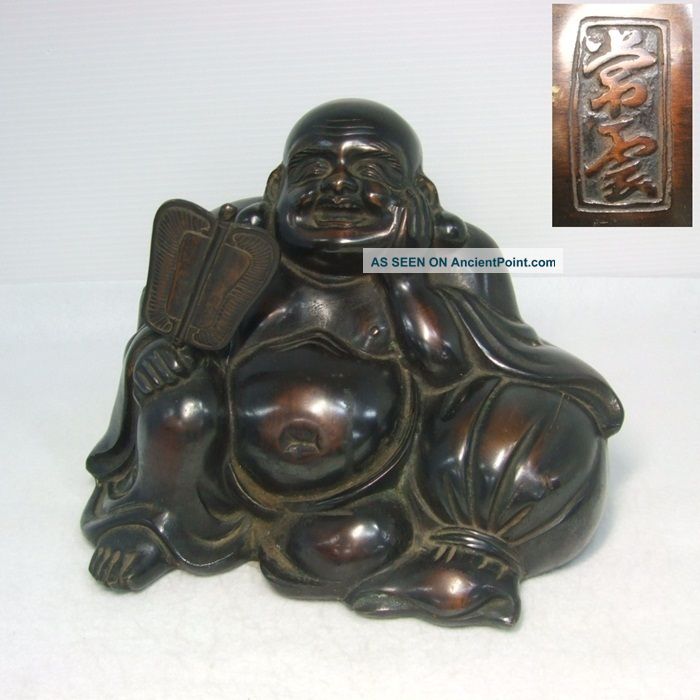 D990: Japanese Quality Heavy Copper Ware Budai Hotei Statue With Sign Statues photo