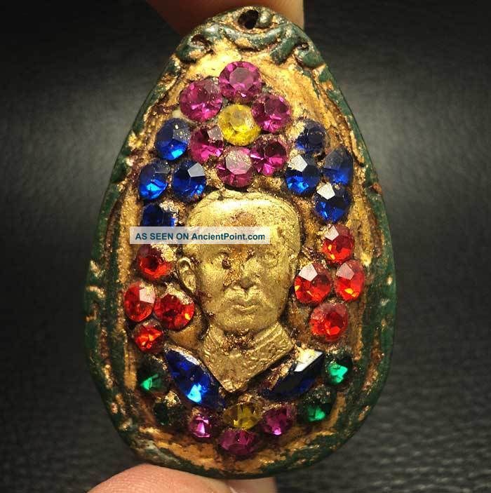 Ancient Thai Amulet Jade King Rama 5 Wat Phra Keaw Embed Gem Amulets photo