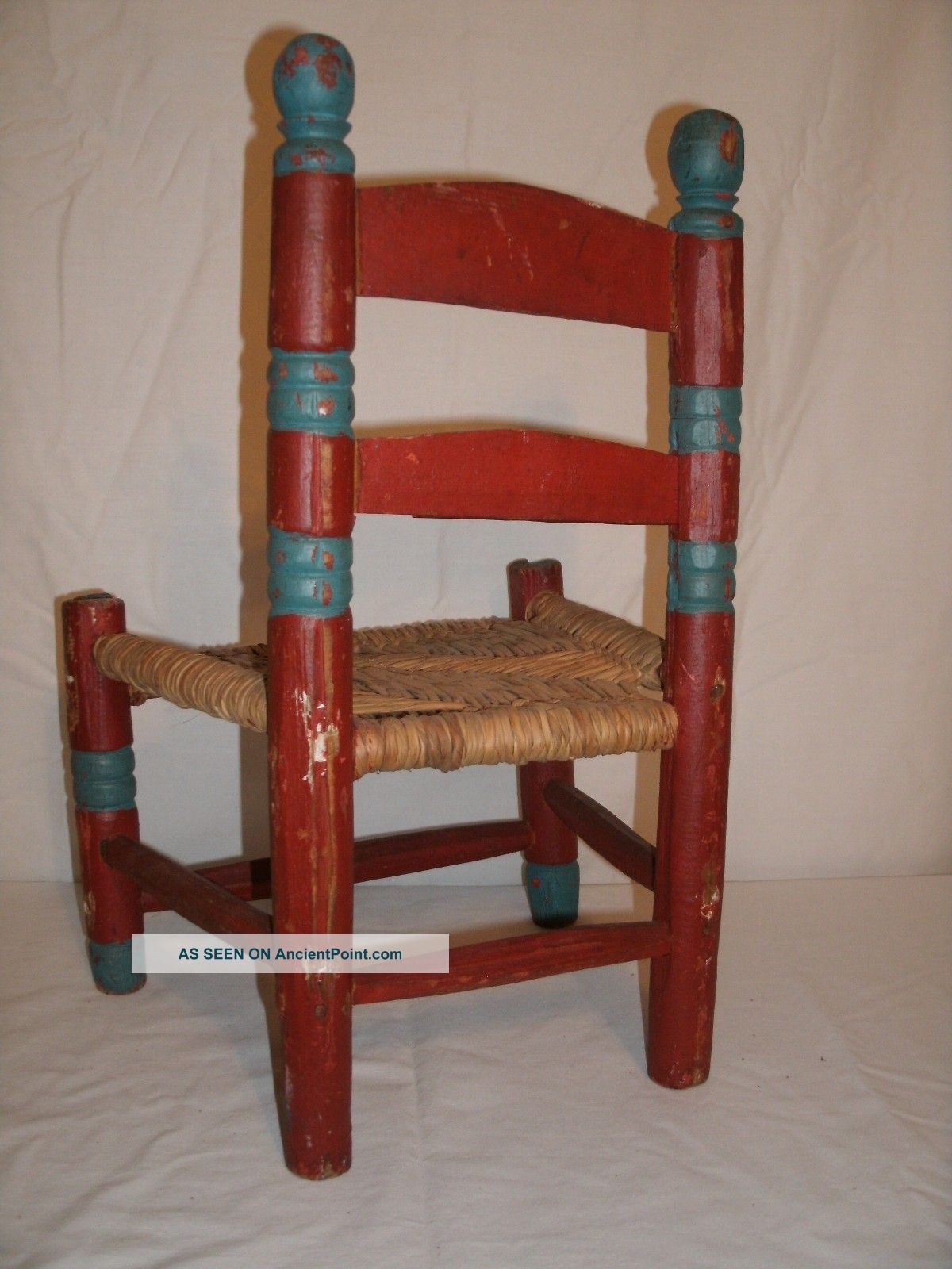 Vintage Mexican Hand Painted Red Teal Wood Childs Chair