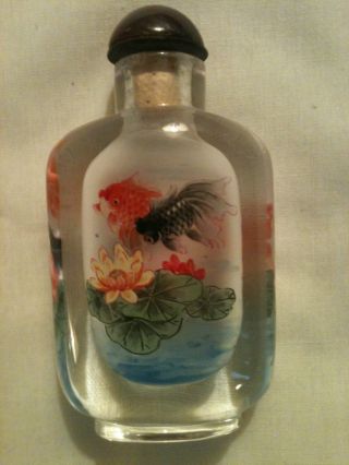 Chinese Painted Inlay Glass Snuff Bottle W/ Carps Goldfish Orange Red Black Fish photo