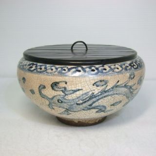 E011: Rare Japanese Inuyama Pottery Ware Bowl As Cold Water Container W/dragon photo