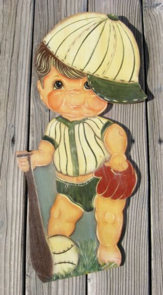 Bat Boy Cutout On Plywood - Primitive - Hand Painted–boy W/bat/mitt/ball - Too Cute photo