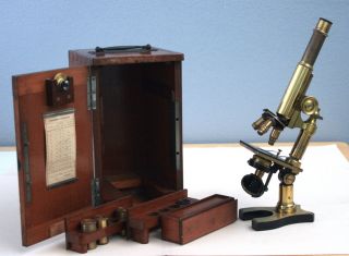 Nachet Et Fils,  Paris Antique Brass Modele Moyen Microscope No 6 W/wd Case,  1919 photo