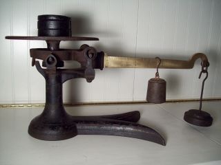 Antique Victorian Fairbanks Cast Iron & Brass Fishtail Base Scale W Weights photo