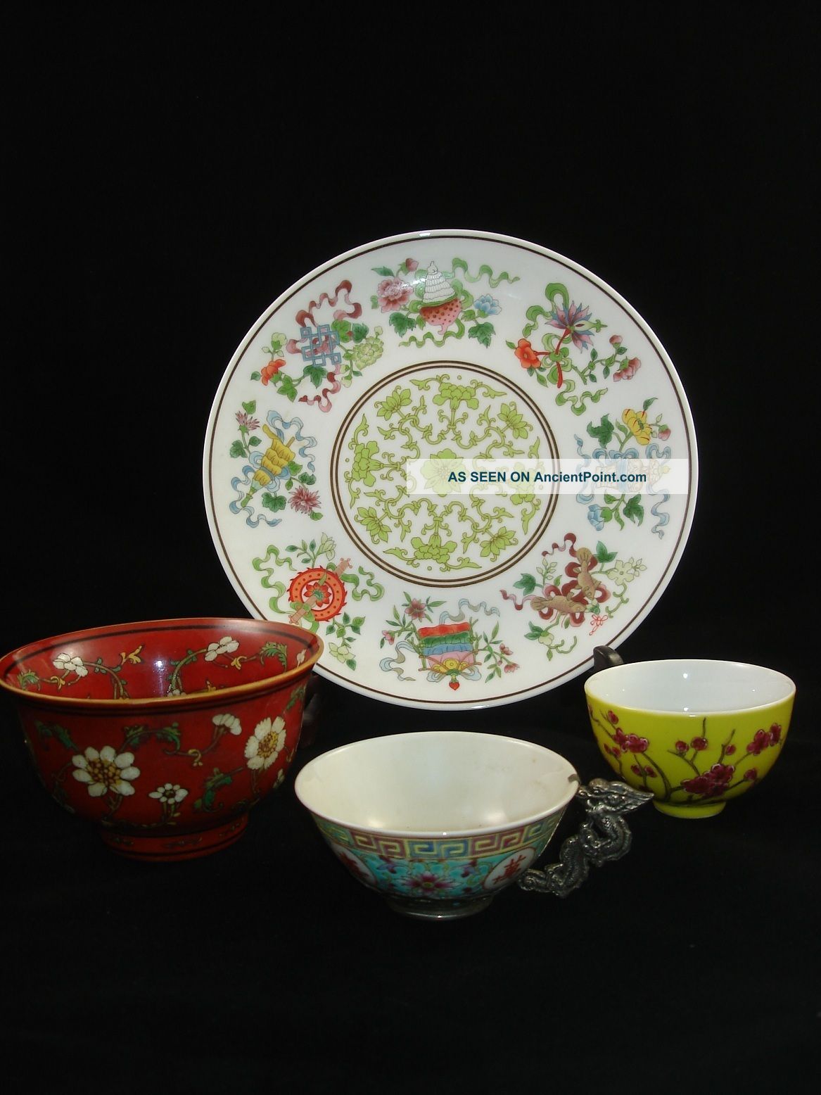 Set Of 4 Pieces Chinese Famille - Rose Plate & Bowls Vases photo