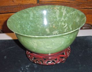 Vintage Chinese Spinach Jade Bowl W/ Rosewood Base,  Thin,  Translucent Beauty photo