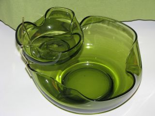 Vintage Green Glass Serving Set - 2 Pc With Holder - Mid - Century Mod Art Glass photo