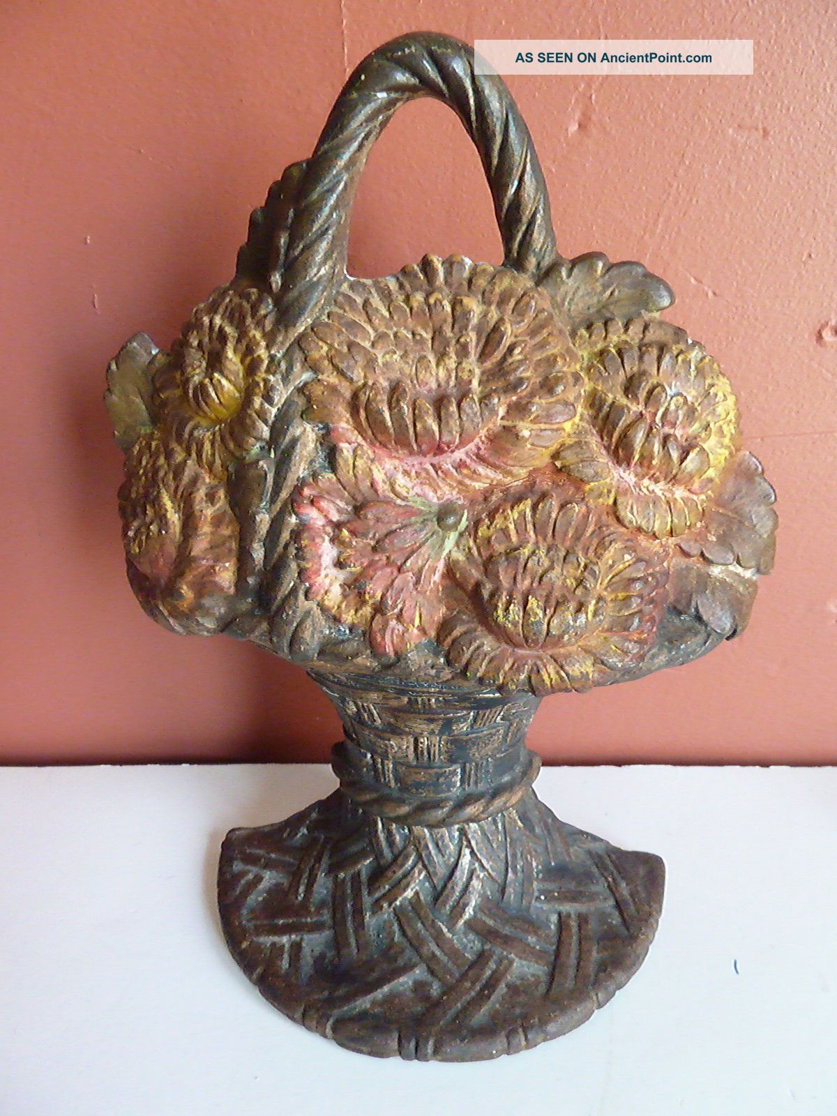 Antique Waverly Studios Cast Iron Paint Door Stop Basket Of Flowers Metalware photo
